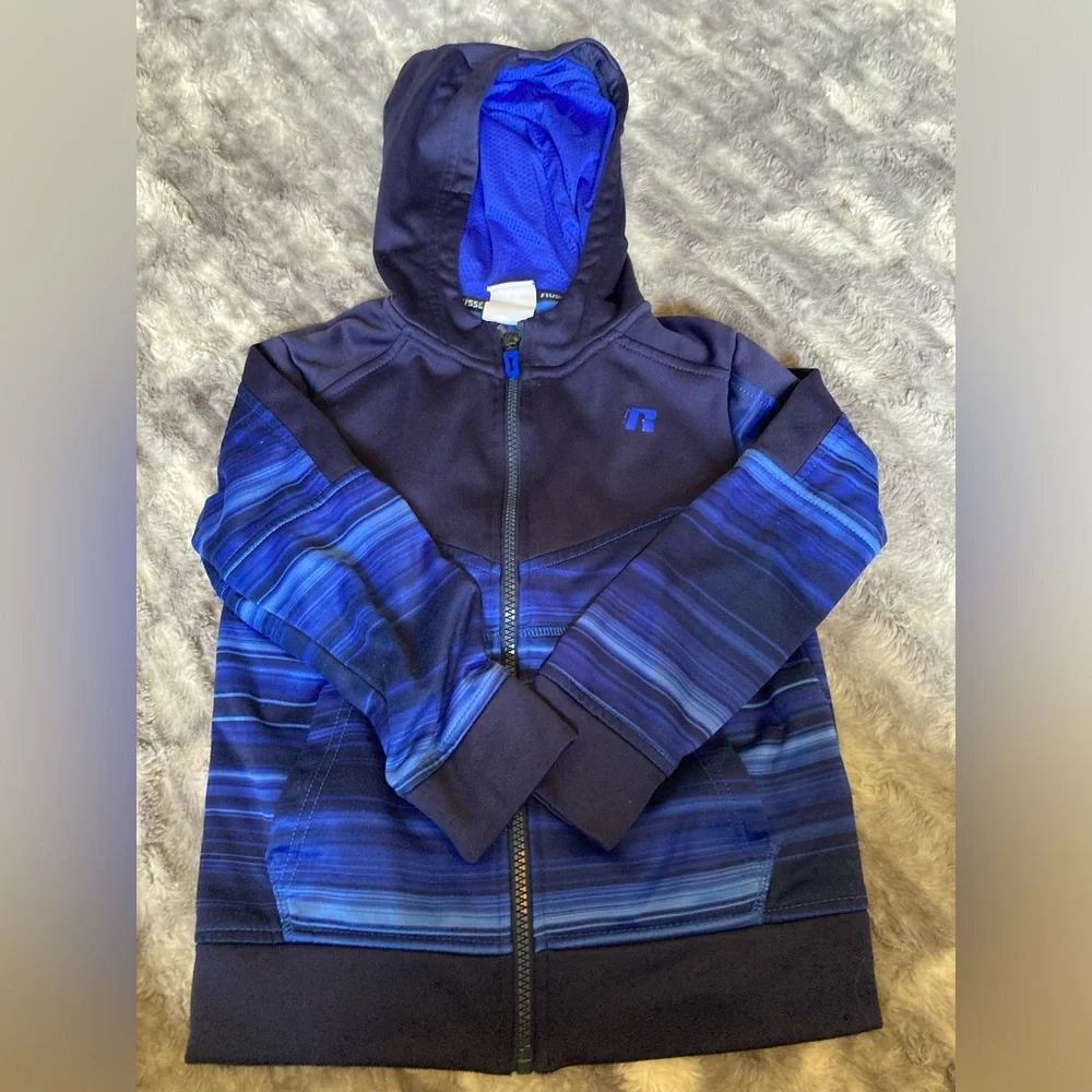 Russell, XS 4-5, childrens hooded zip up top, blue and comfy